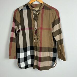 Burberry Plaid Print Cotton Mock Neck Blouse. Size US 4.